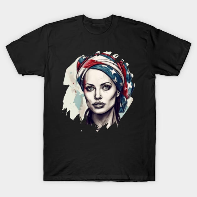 Portrait of Angelina Jolie, 4th of July Patriotic T-Shirt by Pixy Official